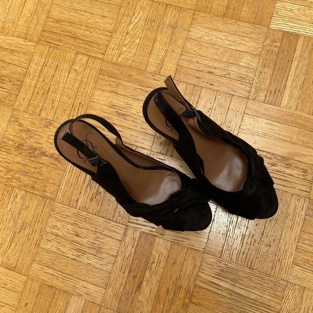 VINTAGE - Y2K Flatform Black Vegan Leather Suede Sandals